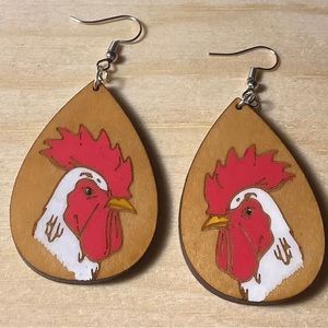 Hand Painted White Wood Rooster Chicken Dangle Earrings